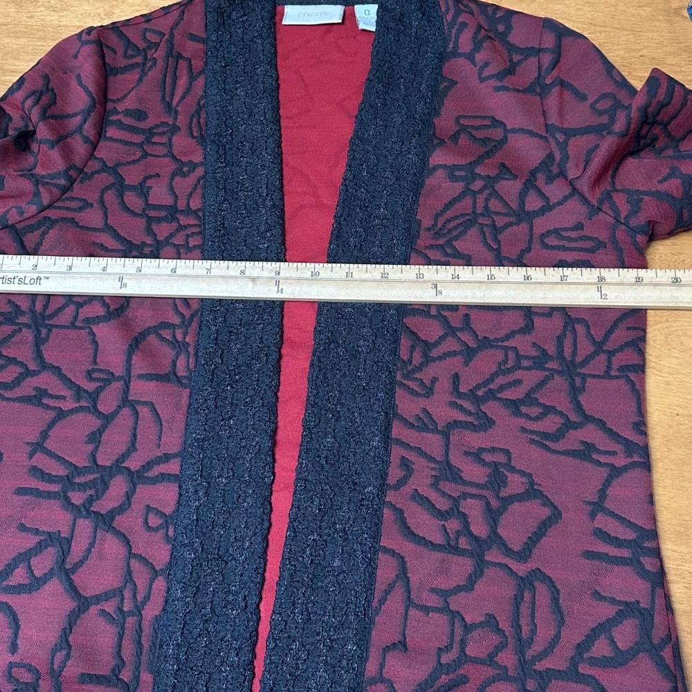 Chicos Sz 0 Patchwork Duster Jacquard Open Front Cardigan Red Black Romantic - Picture 7 of 7